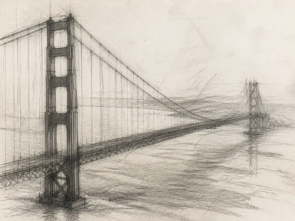 Illustrative graphite sketch of a suspension bridge